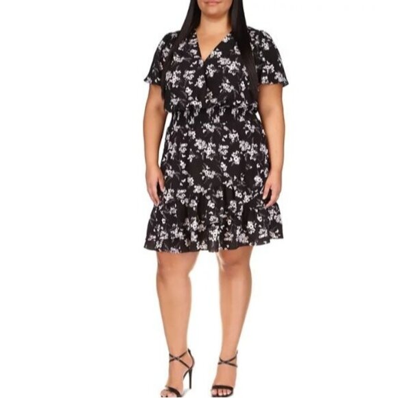 Michael Kors Floral Flutter Sleeve Mini Wrap Dress Black White Plus Size NWT - Picture 1 of 14